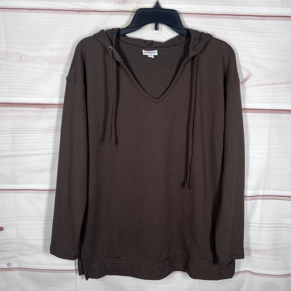 LuLaRoe Hoodie Top Womens Medium Brown V-Neck Pullover Long Sleeve Side Slits